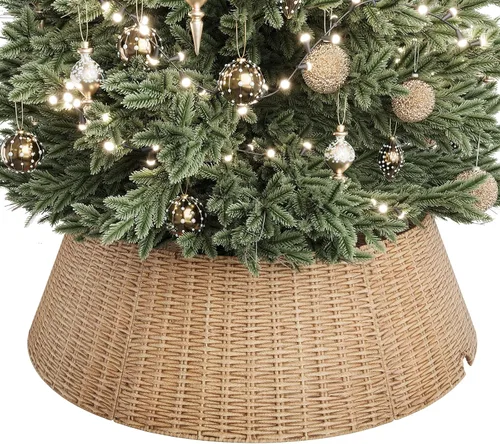 Vista 17 de Collar de mimbre para árbol de Navidad, cubierta de base de árbol PP marrón plano
