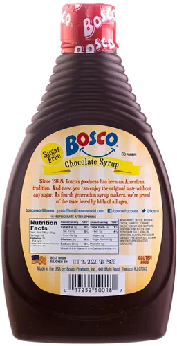 Vista 2 de Bosco Jarabe de chocolate sin azúcar, 18 onzas, sin grasa, sin gluten, hecho con cacao natural