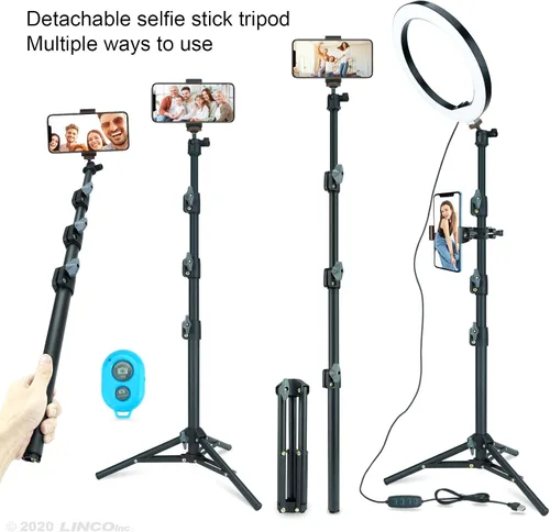 Vista 3 de LINCO Lincostore AM275 - Anillo de luz para selfie de 10 pulgadas con trípode y soporte para teléfono con control remoto Bluetooth para transmisión