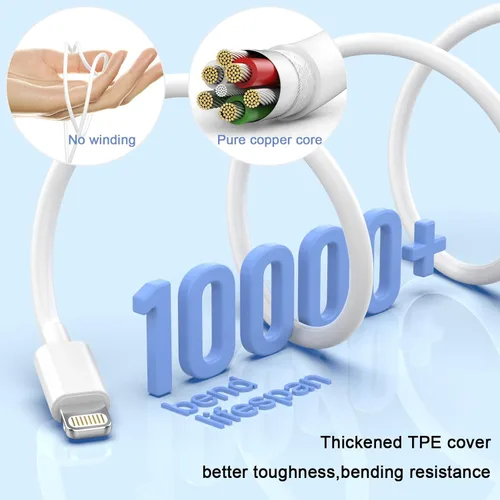 Vista 2 de Estbuc Cargador para iPhone [certificado Apple MFi], paquete de 5 cables Lightning de 10 pies de largo, de carga rápida, cable de sincronización
