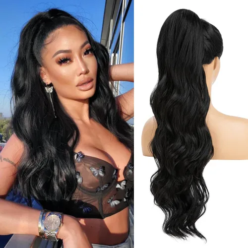 Vista 14 de Extensiones de cabello sintético ondulado con cordón para cola de caballo de 26 pulgadas, para mujer, castaño medio ceniza, rubio ceniza
