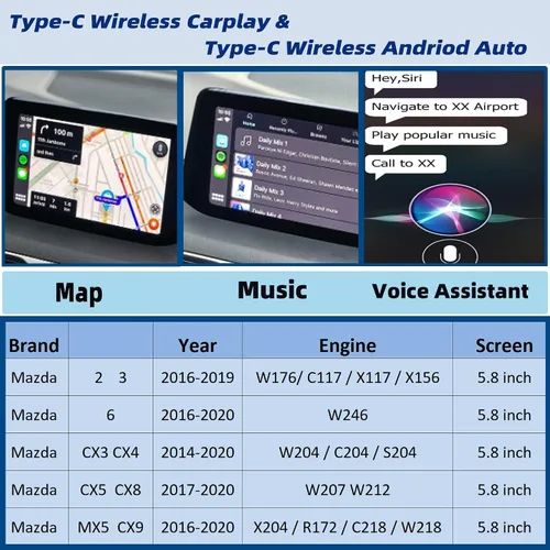 Vista 4 de Dasbecan Kit de Retrofit Inalámbrico Tipo-C para Mazda Apple Carplay y Android Auto Compatible con Mazda 2/3/6/CX3/CX5/CX9/MX5 2015-2020, Adaptador