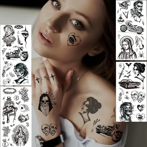 Vista 3 de 12 Hojas de Tatuajes Temporales Chicanos Grandes, Tatuajes Temporales Cholo y Chola, Tatuajes Falsos de Gángster Chicana Guadalupe Día