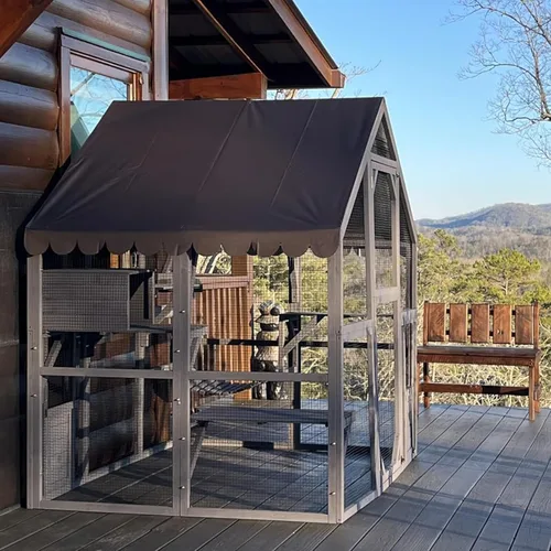 Vista 9 de Aivituvin Casa de gato al aire libre Katio Kitty Recinto con puerta de entrada súper grande, jaula de gato de madera para interiores