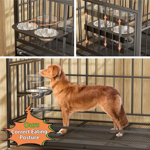 Vista 5 de LOVMOR Jaula para perros resistente de 37 pulgadas con ruedas/varilla de elevación de aire única, 360° y 2 cuencos ajustables, jaula para perros