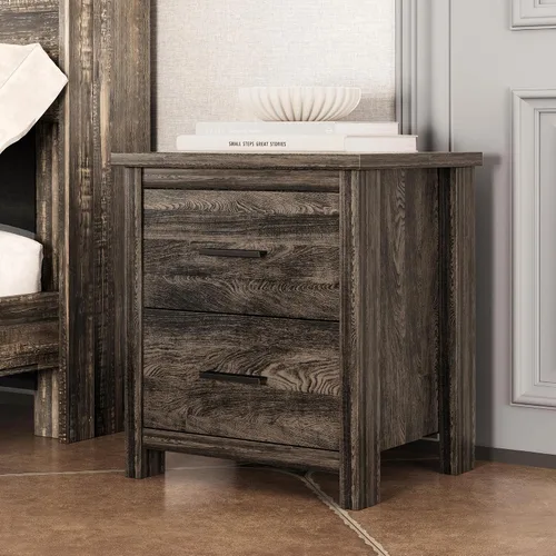 Vista 5 de Conjunto de dormitorio de 4 piezas estilo granja, cama plataforma tamaño queen con 2 mesitas de noche y almacenamiento de 5 cajones, estructura