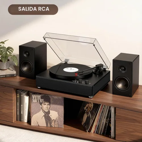 Vista 9 de Reproductor de discos de vinilo con altavoces estéreo, tocadiscos de tamaño completo para discos de vinilo, entrada y salida Bluetooth, reproductor