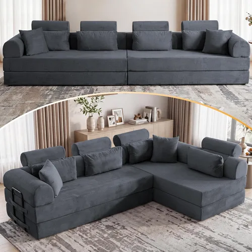 Vista 13 de Sofá modular en forma de L de 114 pulgadas con diván, sofá de pana sin hueso con otomana móvil, sofás de asiento profundo para sala de estar, sin