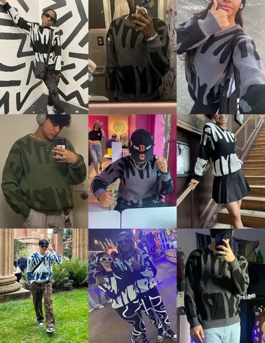Vista 25 de ZAFUL Y2K - Suéter casual con estampado de llama estética para hombre, suéter de punto holgado, manga larga, cuello redondo