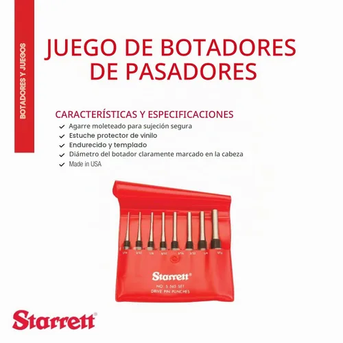 Vista 2 de Starrett Juego de punzón para pasador de accionamiento con empuñadura estriada y estuche protector de vinilo - 4" de largo, 1/16", 3/32", 1/8