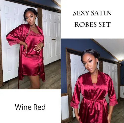 Vista 2 de Ekouaer Camisón de satén para mujer, conjunto de 2 piezas, ropa de dormir sexy de encaje