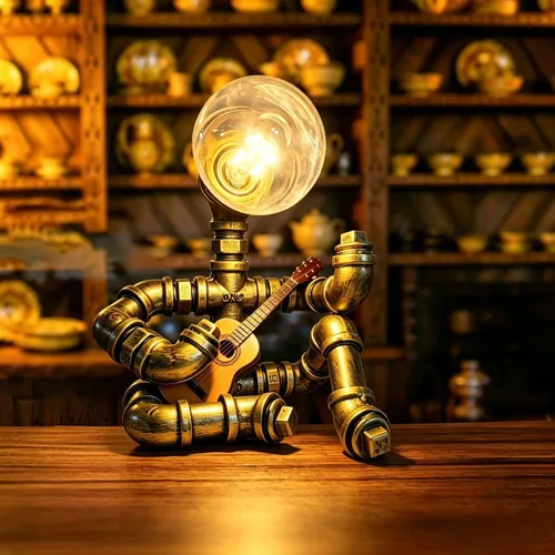 Vista 10 de Lámpara de mesa de guitarra musical, lámpara de mesa robot de guitarra steampunk, lámpara steampunk de guitarras retro, lámpara de robot de tubo