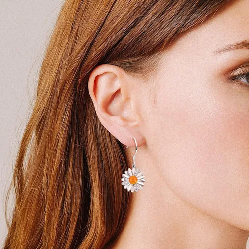 Vista 4 de Aretes de margaritas para mujer, plata de ley 925, aretes de gota de flor amarilla, joyería para mujer (naranja), Ópalo, No es una piedra preciosa