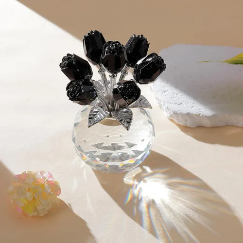 Vista 4 de Movdyka Figura de cristal de rosa negra con jarrón, ramo de flores, regalos para esposa, novia, mujer, rosas negras falsas, decoración gótica