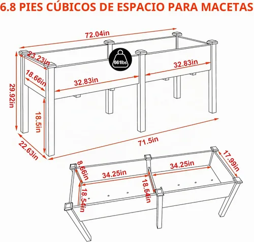 Vista 2 de MUPATER Cama de jardín elevada de 6 x 1.8 pies, maceta elevada de cedro con 8 agujeros de drenaje, espacio para macetas de 6.8 pies cúbicos, camas
