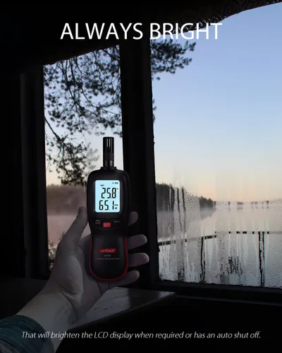 Vista 5 de Wintact Medidor digital de temperatura y humedad, termómetro higrómetro monitor con punto de rocío y temperatura de bombilla húmeda, luz de fondo