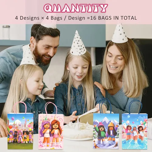 Vista 3 de Kauai Sun 16 bolsas de fiesta temática de juegos, cuatro diseños únicos, bolsas de regalo para niñas y niños, bloques para niños, suministros