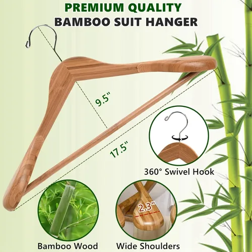 Vista 2 de Amber Home Paquete de 6 Perchas de Traje de Madera de Bambú Natural de Hombros Anchos, Perchas de Ropa de Bambú con Barra para Pantalones, Perchas