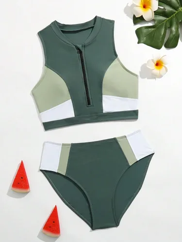 Vista 5 de SOLY HUX Conjunto de bikini con cremallera frontal y bloque de color para niña, traje de baño de 2 piezas