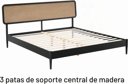 Vista 4 de NTC Lupin - Base de cama de madera con cabecero, base de madera de roble macizo y goma con listones silenciosos y soportes centrales de madera Negro