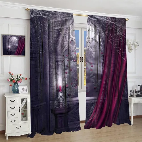 Vista 4 de Cortinas opacas góticas, diseño de calavera de terror de palacio retro, fondo de rosas rojas, sala de estar, dormitorio, cocina, cortinas de ventana