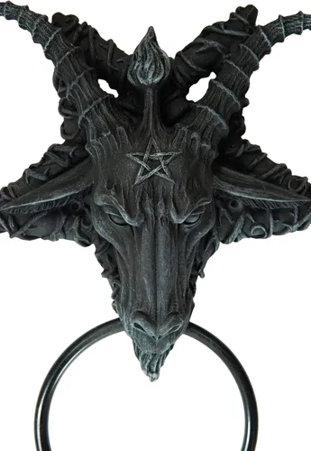 Vista 6 de Ebros Samael Lilith Baphomet de piedra sintética sabática de cabra de Mendes con cabeza en pentagrama invertido estrella para puerta de 6.5 pulgadas