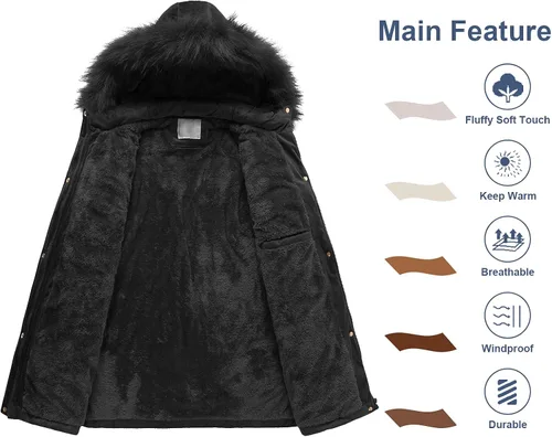Vista 3 de Chrisuno Abrigo de invierno cálido para mujer, chaqueta acolchada de terciopelo con capucha de piel sintética acolchada