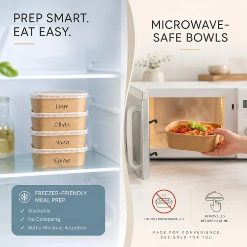 Vista 2 de Kaderron Paquete de 50 tazones de papel grandes de 20 onzas con tapas, contenedor compostable desechable resistente para fiestas, cuencos