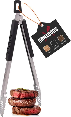 Vista 10 de Pinzas para barbacoa de acero inoxidable 18/0 de 9 pulgadas con mango ergonómico de madera de roble real para cocinar, accesorio duradero