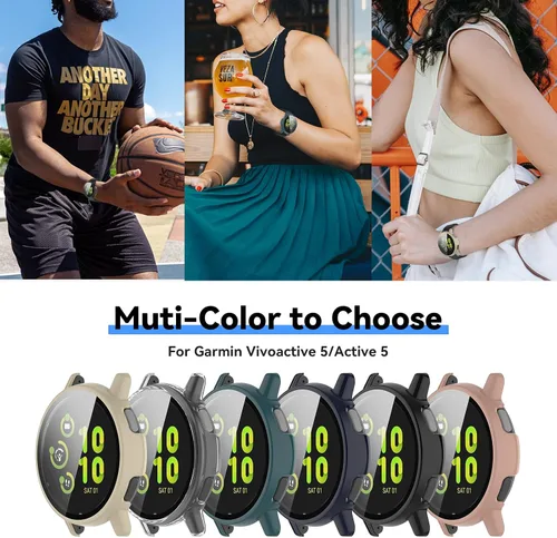 Vista 7 de Protector de pantalla diseñado para Garmin Vivoactive 5 con película de vidrio templado, carcasa de policarbonato duro, cubierta completa, Negro