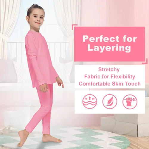 Vista 3 de MANCYFIT Conjunto de ropa interior térmica para niñas, con forro polar largo, capa base ultra suave Rosa bebé