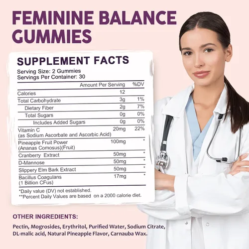 Vista 8 de Feminine Balance - Gomitas probióticas para mujeres, apoyan la salud vaginal, el equilibrio del pH, la frescura y la salud digestiva, con piña, olmo