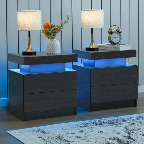 Vista 13 de Juego de 2 mesitas de noche LED negras, juego de 2 mesitas de noche modernas con 2 cajones, mesa auxiliar con luces LED para dormitorio, sala
