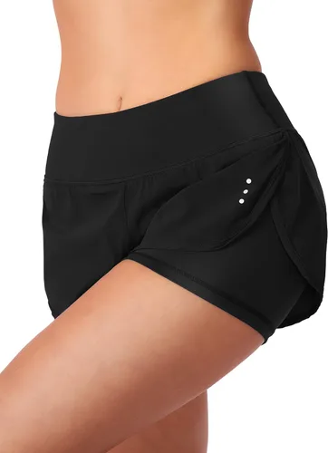Vista 3 de Pantalones cortos para correr 2 en 1 para mujer para entrenamiento, atletismo, gimnasio, yoga cuenta con bolsillos para el teléfono.