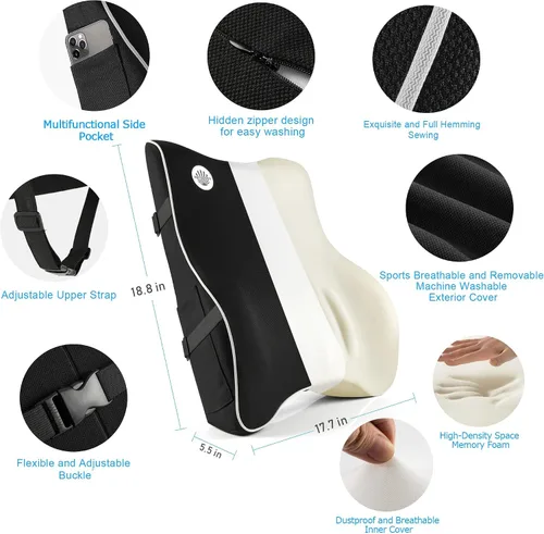 Vista 4 de Almohada de apoyo lumbar, soporte de espalda de espuma viscoelástica para silla de oficina, silla de computadora, asiento de coche, sillón