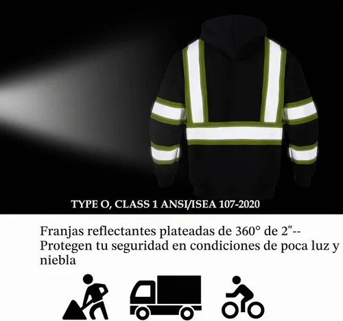 Vista 6 de VENDACE Sudadera con capucha de forro polar reflectante de alta visibilidad ANSI Clase 1 para hombres con capucha desmontable (negro, S)