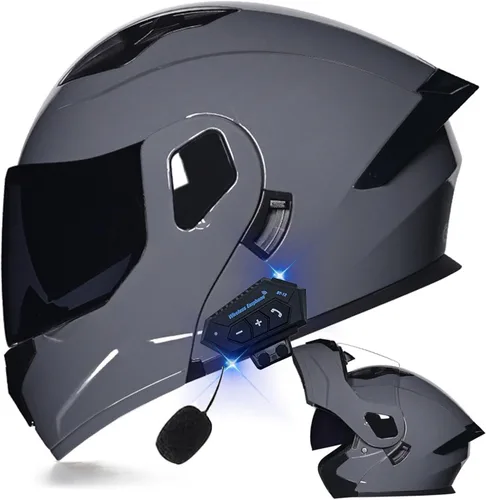 Vista 41 de Casco modular Bluetooth para motocicleta, aprobado por DOT, de cara completa, abatible, antivaho, doble visera, casco de motocicleta de calle, LENTE