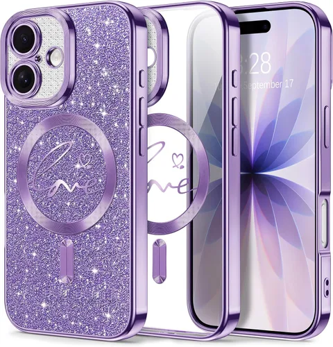 Vista 110 de Hython Funda para iPhone Air con purpurina, compatible con MagSafe Love Heart fundas magnéticas transparentes para teléfono para mujeres y niñas