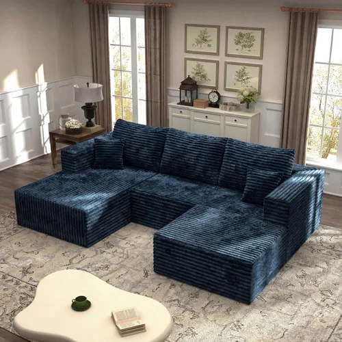 Vista 46 de Sofá modular en forma de L de 118 pulgadas, moderno sofá modular de pana de espuma viscoelástica de 4 plazas con otomana, asiento profundo tapizado