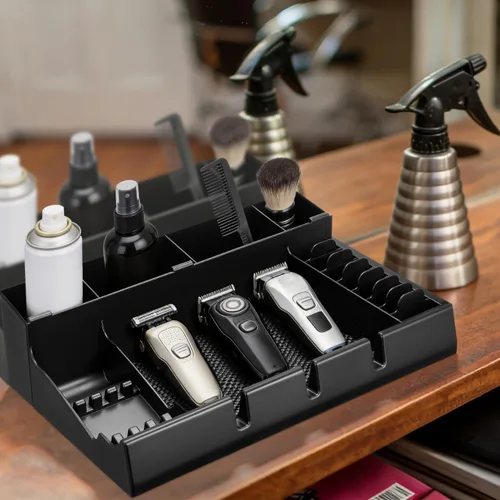 Vista 2 de LALAFINA - Bandeja organizadora de cortapelos de peluquería de 15 x 12 x 4.33 pulgadas, caja de almacenamiento portátil con diseño de corte a