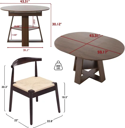 Vista 2 de Juego de mesa de comedor, juego de mesa de cocina redonda a ovalada expandible con 2 sillas de cuerda tejida, mesa de pedestal de madera con estante