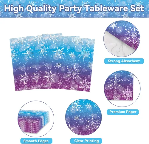 Vista 3 de Kit de vajilla mágica para fiesta de Frozen Wonderland – 161 suministros de cumpleaños de copos de nieve de invierno azules y morados para niños