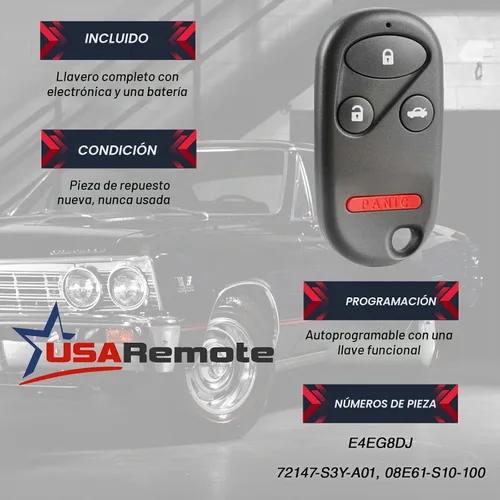 Vista 3 de Llavero de llave sin contacto para coche compatible con Honda CR-V 1997-2001 / Honda S2000 2000-2009 (E4EG8DJ) Compatible con CR-V S2000 1997 1999