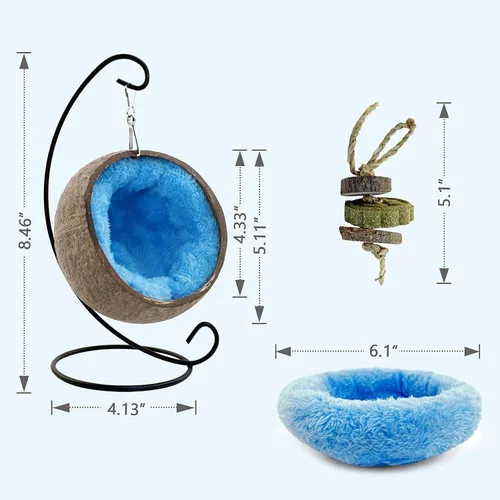 Vista 2 de Ranslen Hamster de coco natural con suspensión de juguete molar, casa de cama de hámster con almohadilla cálida, accesorios de decoración de hábitat