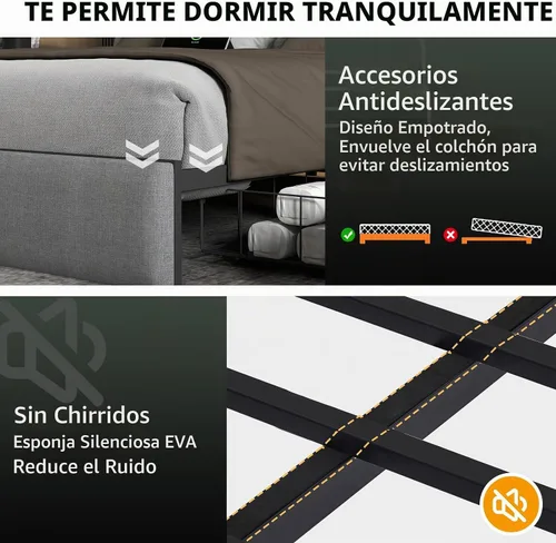 Vista 6 de UINTAI Marco de cama tamaño completo con cabecero y 4 cajones de almacenamiento, cama de plataforma metálica tapizada con respaldo abatido y luces