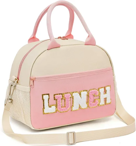 Vista 8 de Lonchera para niñas y mujeres, bonita bolsa de almuerzo preparada con letras de chenilla, bolsa de almuerzo aislada de gran capacidad con correa