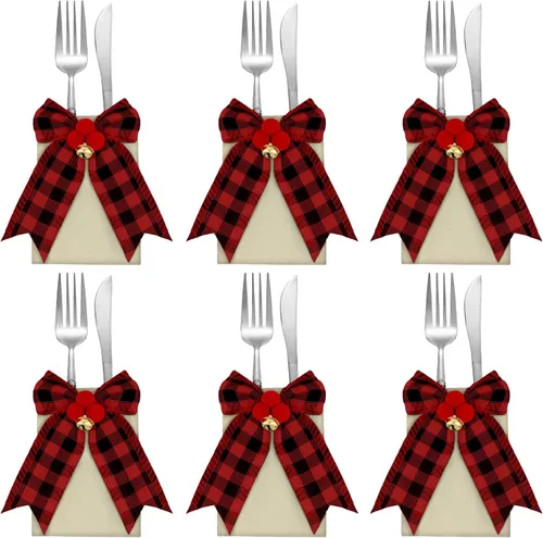 Vista 8 de 12 piezas de soporte para cubiertos de Navidad, soporte de utensilios de yute, soporte de vajilla de Navidad, cubertería de cuadros de búfalo, bolsa