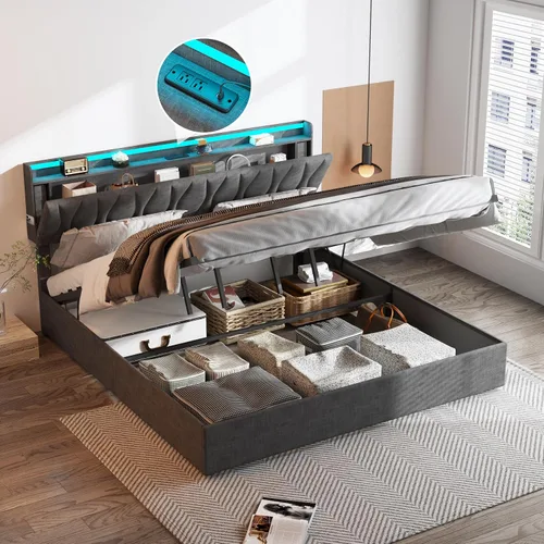 Vista 12 de Fameill - Base de cama tamaño matrimonial con plataforma de almacenamiento abatible, cabecero con altura ajustable y estación de carga, cama
