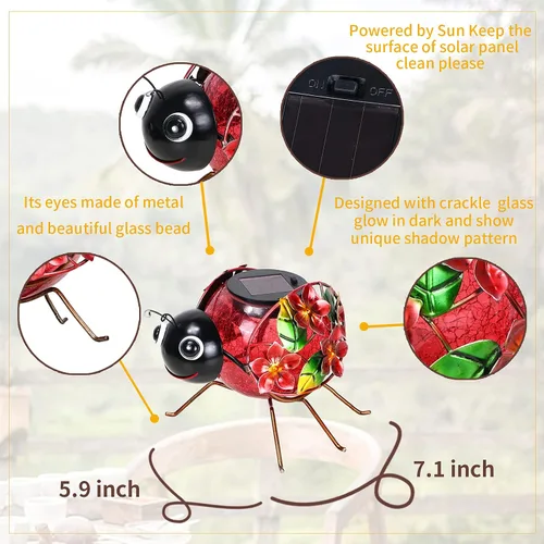 Vista 6 de MUMTOP Lámpara Solar, Luces LED Solares Impermeables al Aire Libre, Decorativas, Soporte de Mesa en Forma de Mariquita, para Decoración de Patio