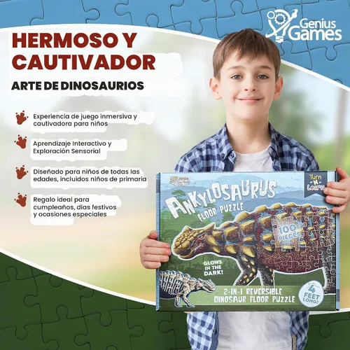 Vista 5 de Ankylosaurus - Rompecabezas de dinosaurio Rompecabezas de piso de doble cara de 100 piezas con esqueleto que brilla en la oscuridad en el otro